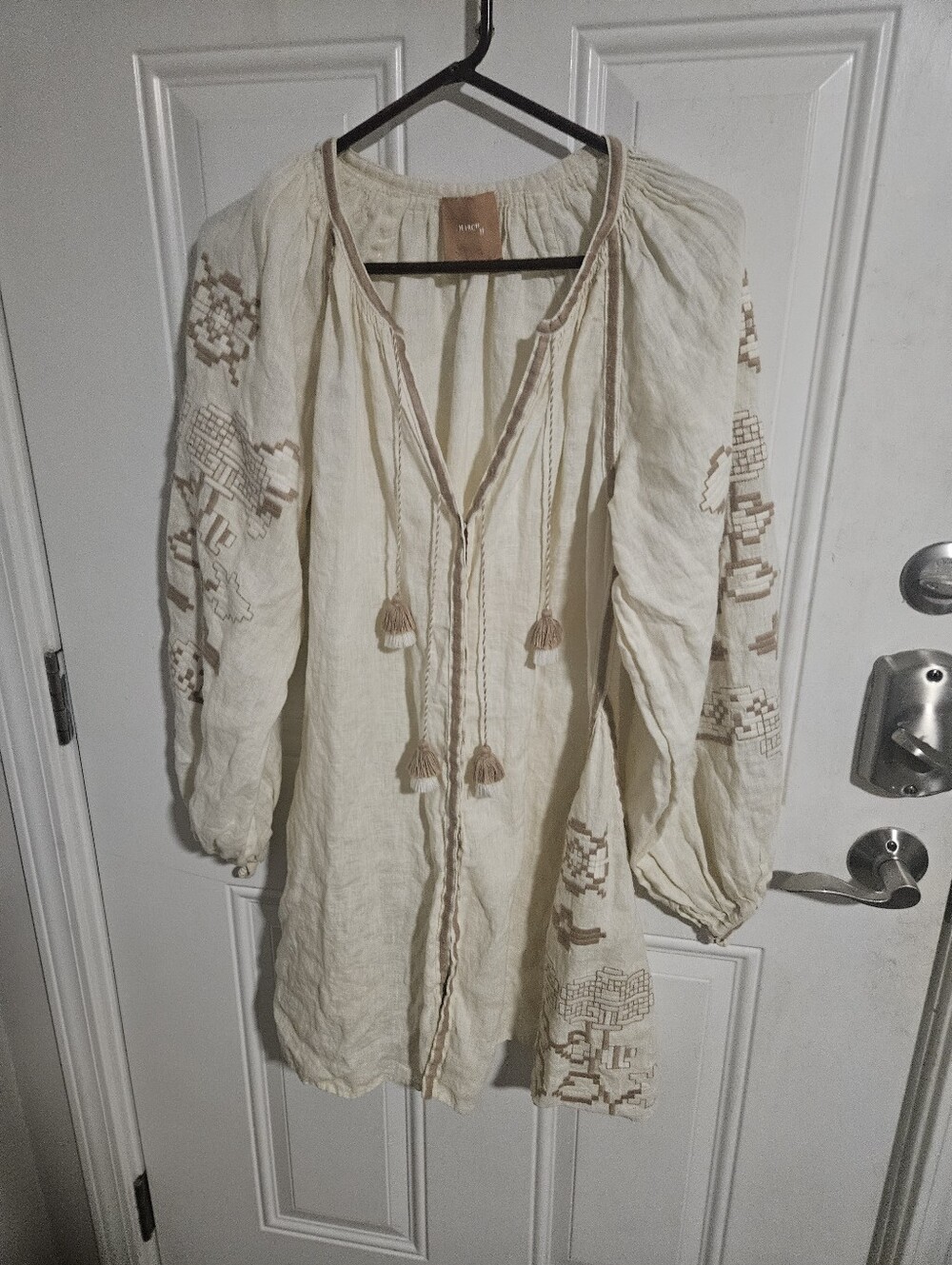 March 11 Embroidered Cream Peasant  Dress with Tassel Tie Medium Linen